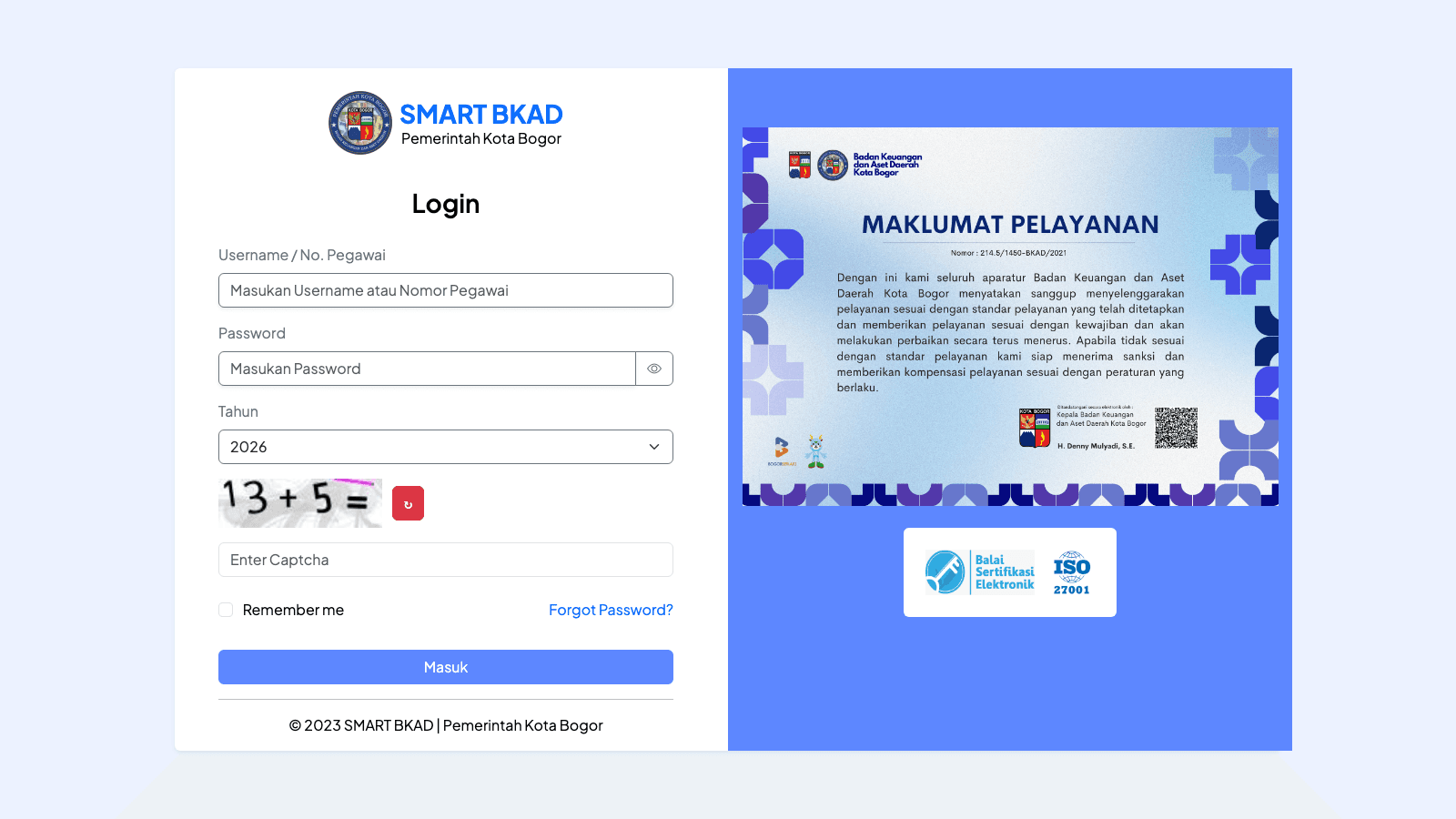 Halaman login SMART BKAD Pemerintah Kota Bogor