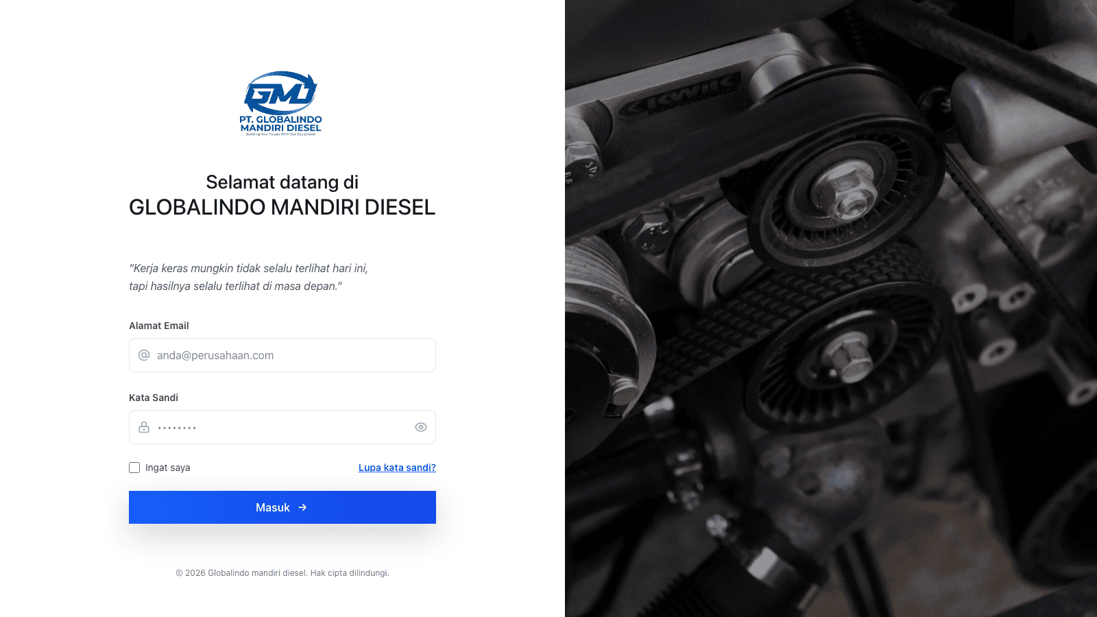 Halaman sistem ERP PT Globalindo Mandiri Diesel