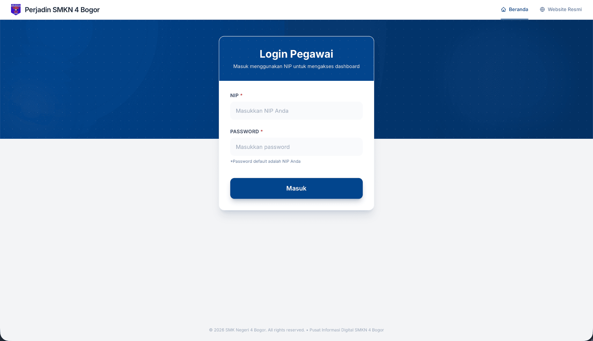 Halaman login sistem Perjadin SMKN 4 Bogor