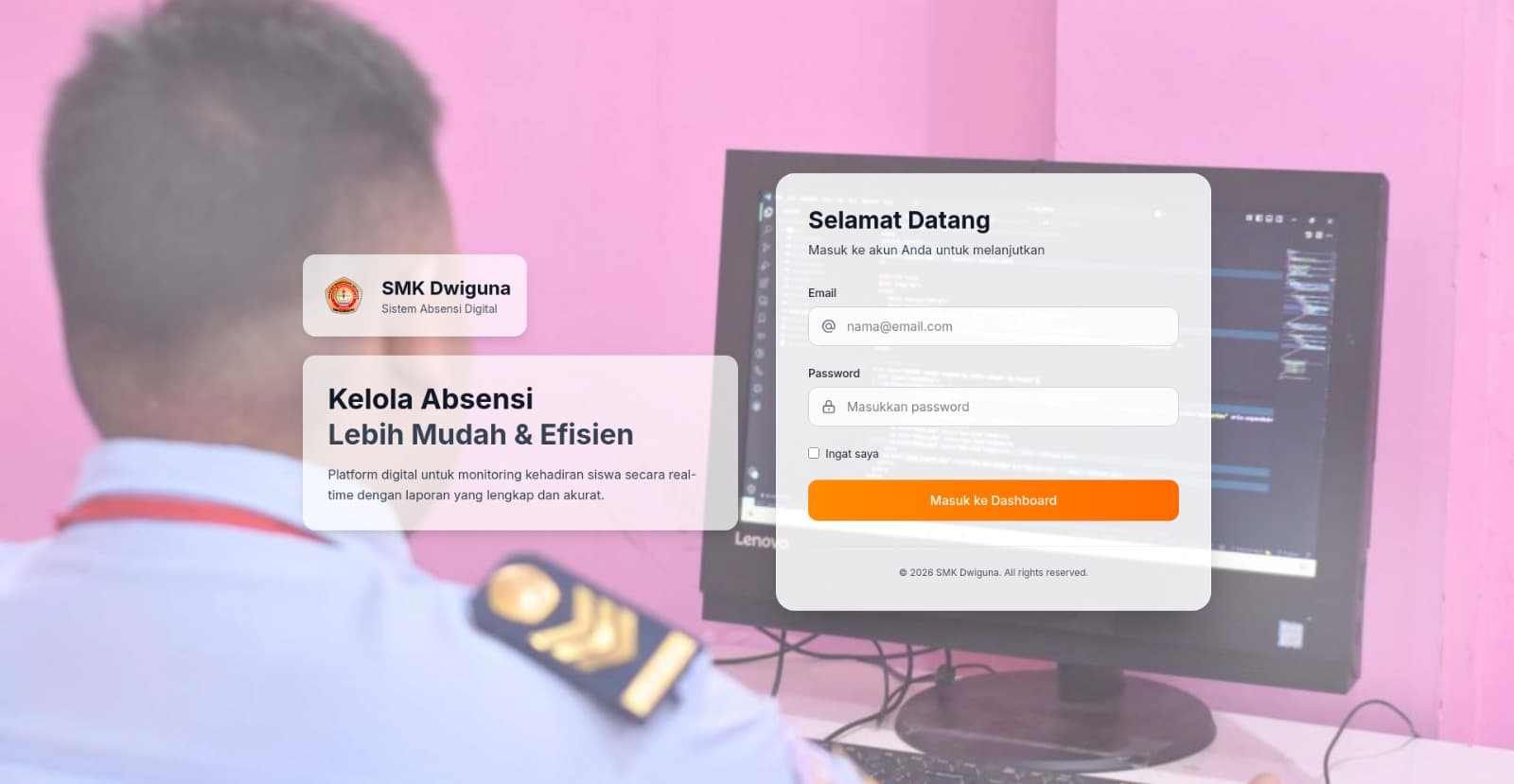 Tampilan login sistem absensi RFID SMK Dwiguna
